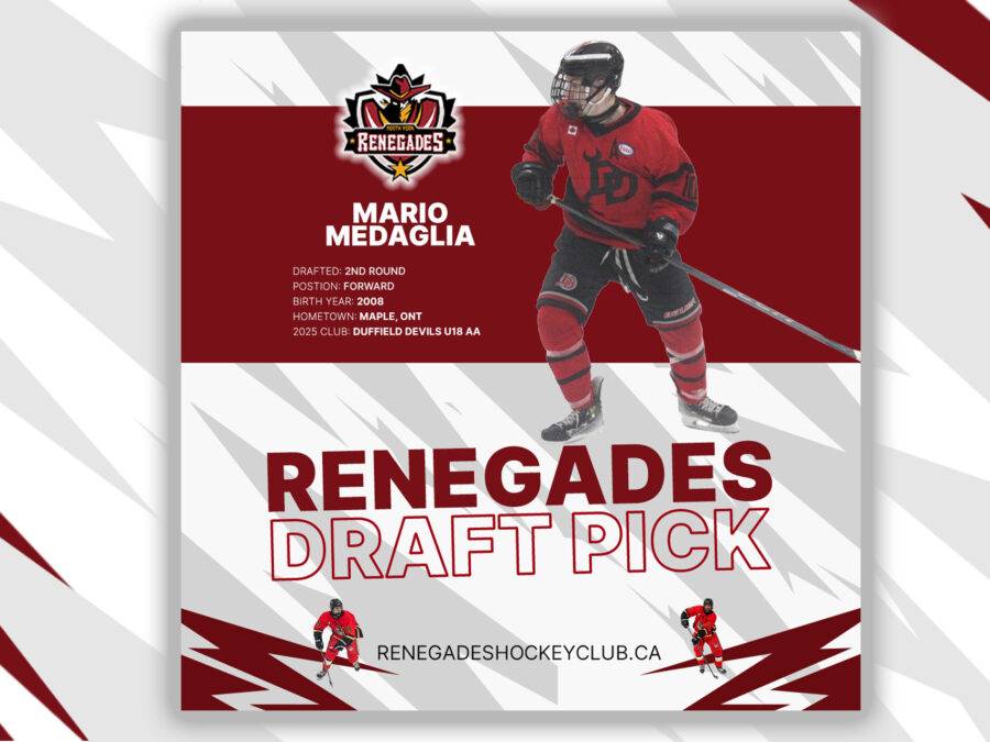 YOUR Renegades selected former Duffield Devils forward Mario Medaglia in the second round of the 2026 GMHL Draft.