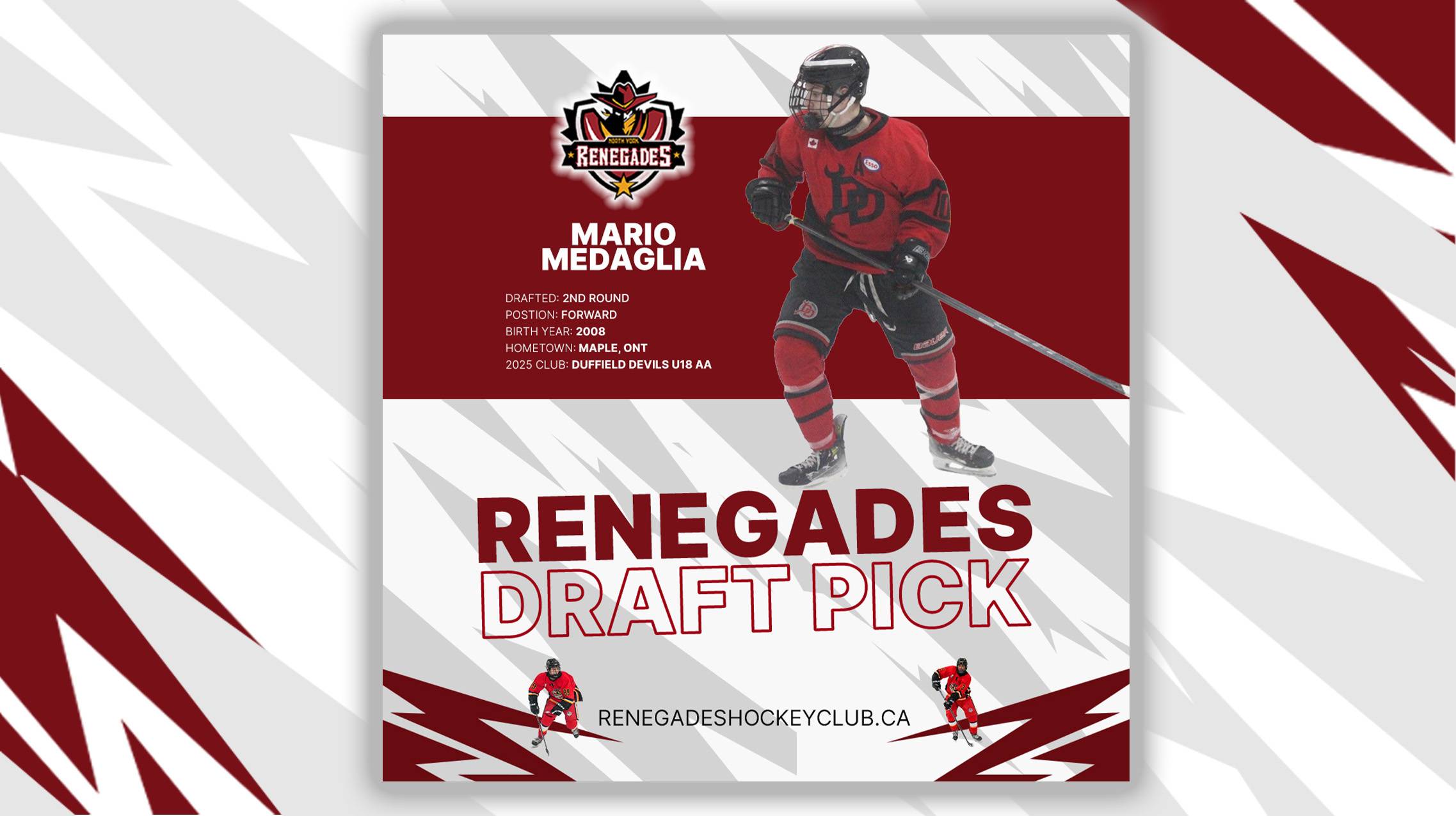 YOUR Renegades selected former Duffield Devils forward Mario Medaglia in the second round of the 2026 GMHL Draft.